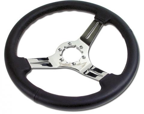Corvette Steering Wheel, Black Leather, With Chrome Aluminum 3-Spokes, 1963-1975 & 1977-1982