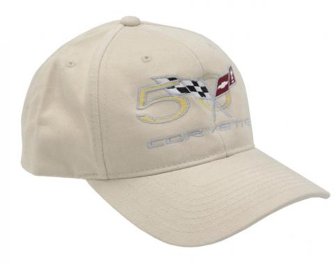 Corvette Hat,Tan Twill With 50th Anniversary Logo