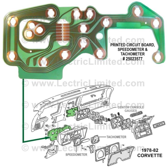 Lectric Limited 1978-1982 Chevrolet Corvette Printed Circuit Board: Speedometer and Tachometer 25023577 Lectric Limited 1978-1982 Chevrolet Corvette Printed Circuit Board: Speedometer and Tachometer 25023577