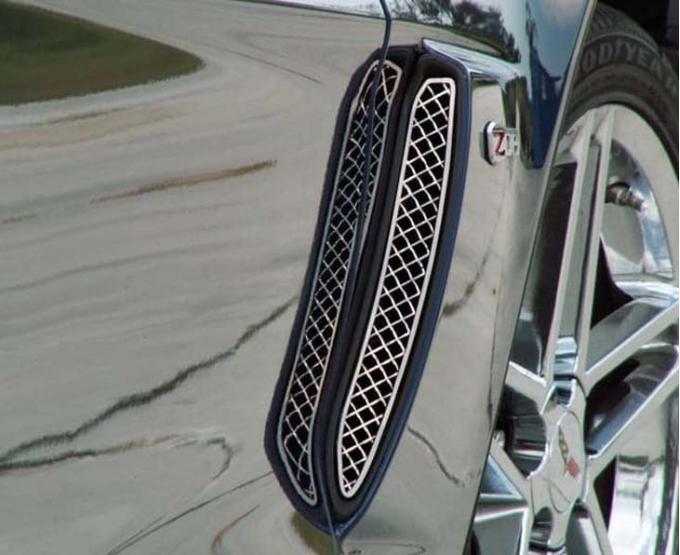 American Car Craft 2006-2013 C6 Z06 Corvette - Laser Mesh Side Vent Grilles 2Pc, Polished Stainless Steel 042055