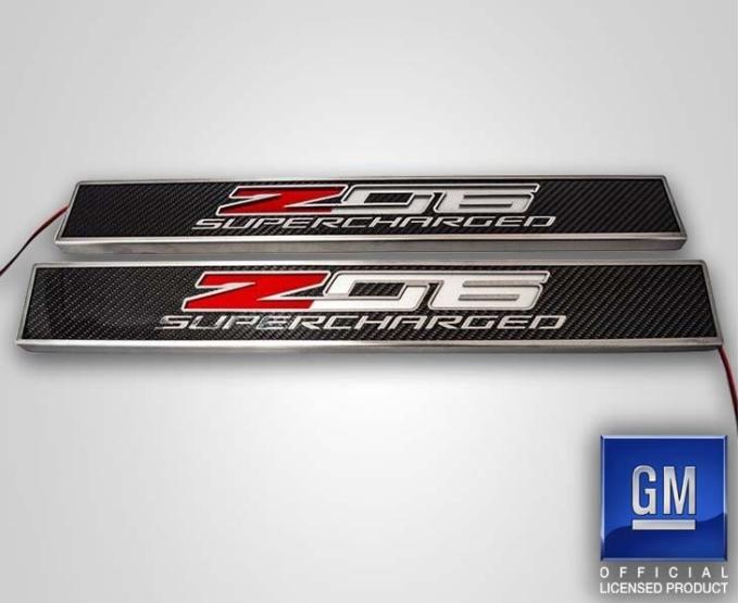 American Car Craft 2014-2019 C7 Corvette - Light Up Z06 SUPERCHARGED Replacement Door Sills 2Pc, Carbon Fiber with Stainless Trim 051026
