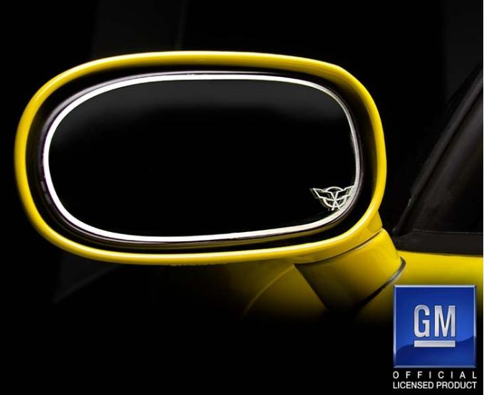 American Car Craft 1997-2004 C5/Z06 Corvette - Side View Mirror Trim with Crossed Flags 2Pc, Brushed Stainless 032014