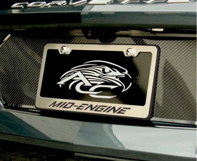 American Car Craft 2020-2024 C8 Corvette - License Plate Frame MID-ENGINE Black Base, Brushed Stainless, Choose Color Inlay 882010