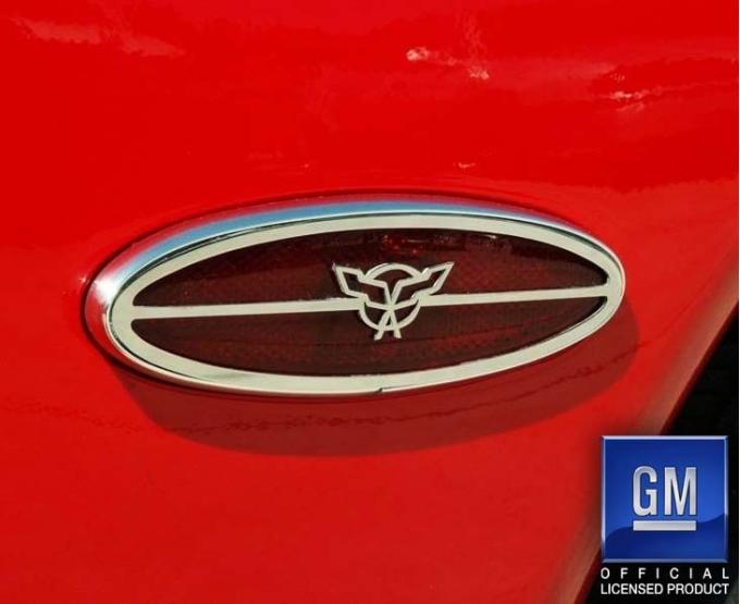 American Car Craft 1997-2004 C5/Z06 Corvette - Side Marker Trim Rear with Crossed Flags 2Pc, Polished Stainless 032032