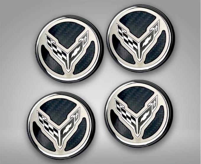 American Car Craft 2020-2024 C8 Corvette Coupe - Cap Cover Set 4pc Carbon Fiber Inserts with Stainless Crossed Flags Logo, Polished/Brushed Finish 883049