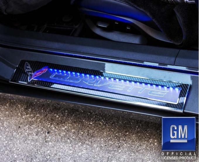 American Car Craft 2014-2019 Z06/C7/Z51 Corvette Stingray - Carbon Fiber Door Sill Overlays 2Pc, Stainless Steel Trim 051018