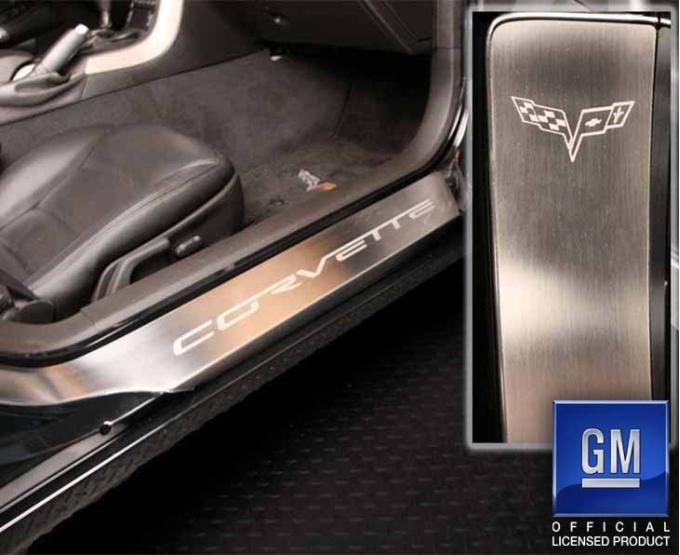 American Car Craft 2005-2013 C6 -'Corvette' Laser Etched Full Length Outer Door Sills 2Pc, Stainless Steel (BRUSHED) 041047
