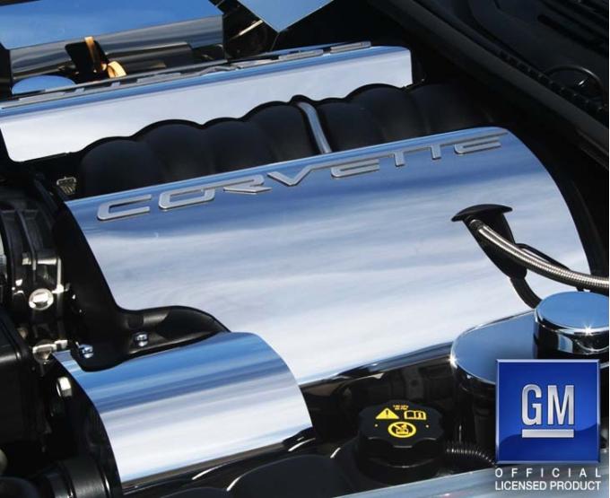 American Car Craft 2008-2013 C6/GS Corvette - Fuel Rail Covers with CORVETTE script, Polished Stainless Steel, Dry Sump Opt. 043115