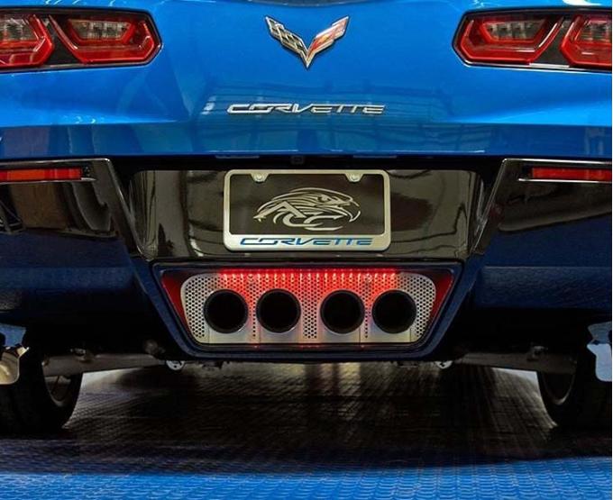 American Car Craft 2014-2019 C7 Corvette Stingray - Perforated Illuminated Exhaust Filler Panel STANDARD, Stainless Steel/Red LEDs 052012