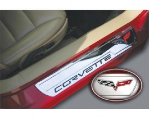 Corvette Billet Aluminum Sill Plates, With C6 Logo & Corvette Word, 2005-2013