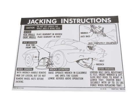 Corvette Decal, Jacking Instructions with 36 Gallon Tank, 1963-1966