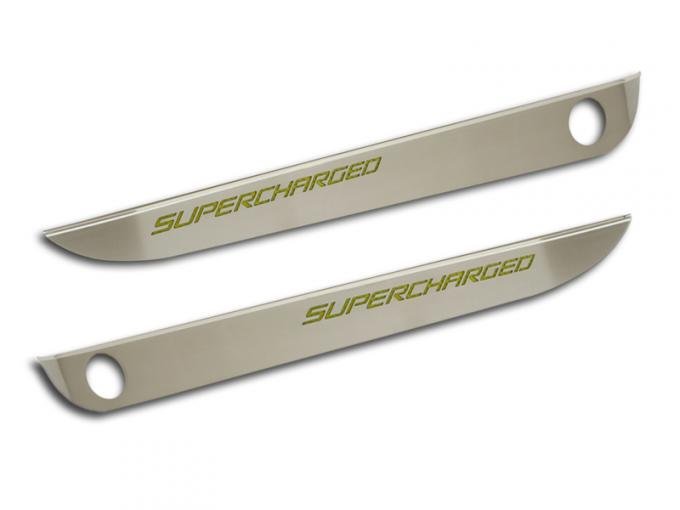 2005-2013 Corvette C6 - Door Guards with SUPERCHARGED Inlay 2Pc - Brushed Stainless, Choose Color 041057