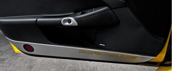 2005-2013 Corvette C6 - Door Guards w/CORVETTE Inlay 2Pc - Brushed Stainless, Choose Color 041048