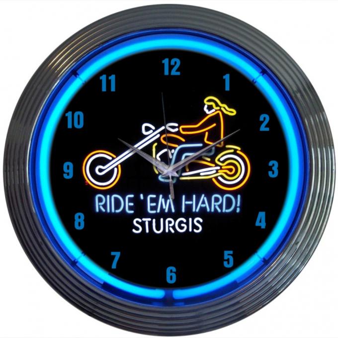 Neonetics Neon Clocks, Motorcycle Ride Em Hard Sturgis Neon Clock