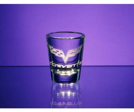 Corvette Shot Glass, Tapered, 1.5 Ounce, 1953-2013 CorvetteDesigns | Corvette Shot Glass, Tapered, 1.5 Ounce, 1984-1990 Pennant With Corvette Lettering