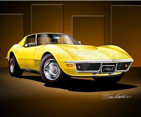 Corvette Fine Art Print By Danny Whitfield, 20x24, StingrayCoupe, Daytona Yellow, 1968
