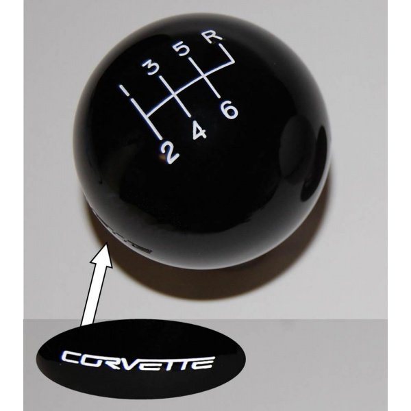 Corvette Shift Knob, 6Speed, Script & Pattern, Black, WithWhite Text