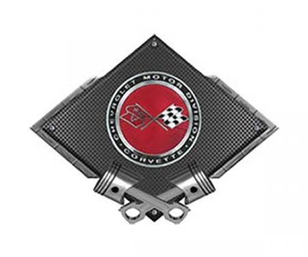 Corvette C3 Crossed Flags Sunburst Emblem Metal Sign, BlackCarbon Fiber, Crossed Pistons, 25" X 19"