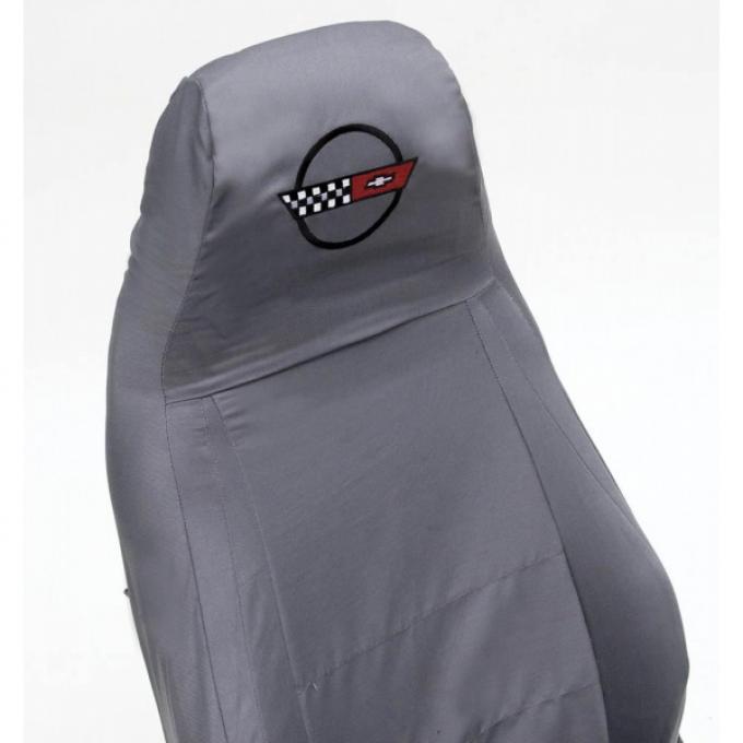 Corvette Seat Slip Covers, Gray, With Embroidered C4 Logo, 1989-1993
