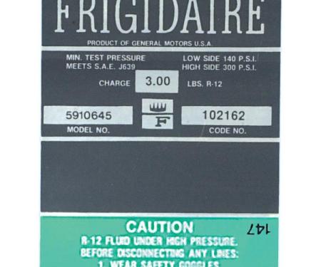 Corvette Decal, Air Conditioning Compressor Frigidaire, 1968