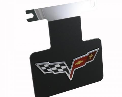 Corvette Factory Exhaust Enhancer Plate, Stainless Steel, With Black Background & Crossed-Flags Logo, 2005-2013