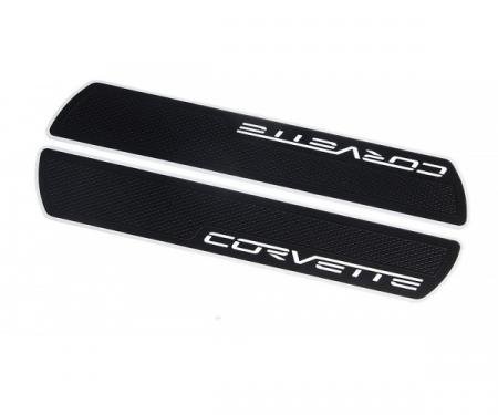 Corvette Door Sill Plate Protectors, Chrome Finish Aluminum, Black Vinyl Overlay, 2005-2013