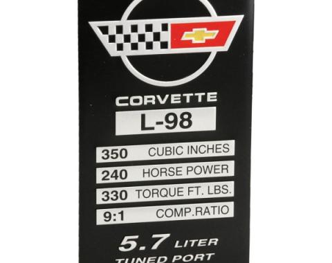Corvette Data Spec Plate, L98, 240 HP, 335 TQ,  1988-1989