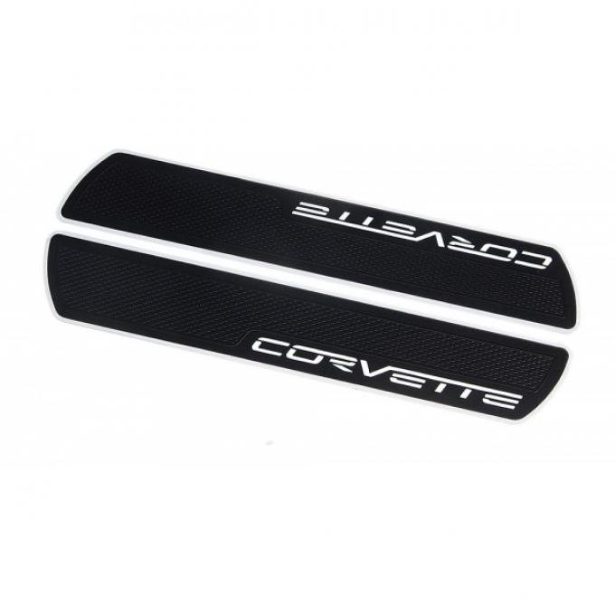Corvette Door Sill Plate Protectors, Chrome Finish Aluminum, Black Vinyl Overlay, 2005-2013