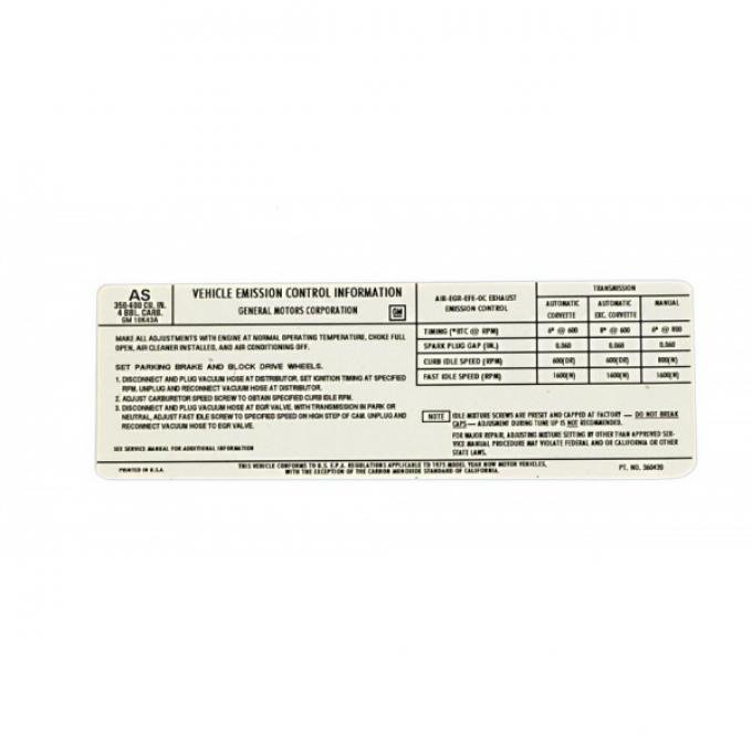 Corvette Federal Emission Control Decal, L48, 1975 Corvette Depot