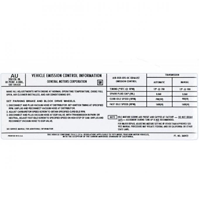 Corvette Emission Control Decal, L82, 1975