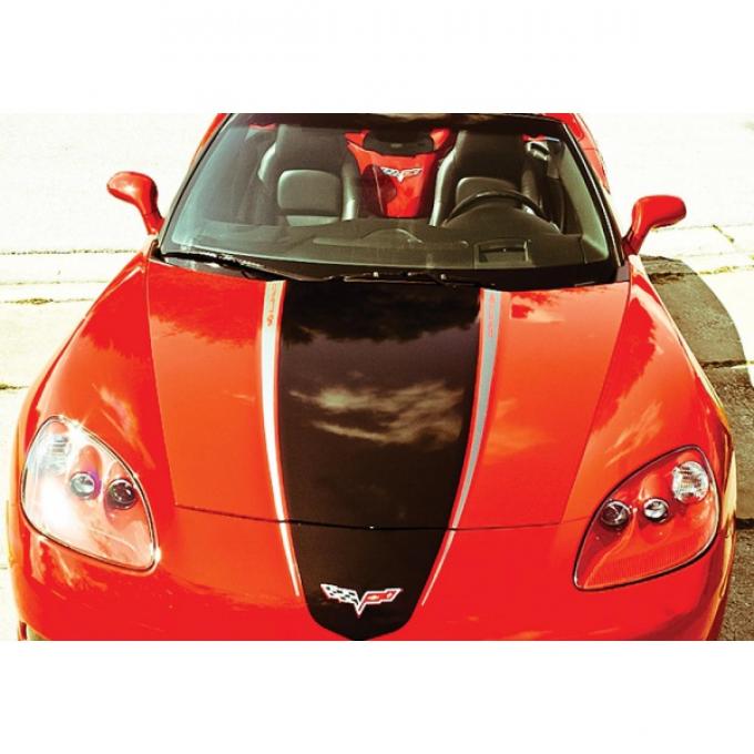 Corvette Hood Decal Package, Convertible, Silver With Red Accent, Racing Stripe, 2005-2013