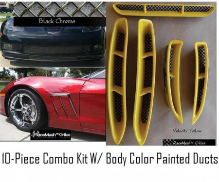Corvette C6 Grand Sport Custom RaceMesh® 10-Piece Grille Combo Kit Black Chrome Mesh, W/ Body Color Painted Ducts, 201