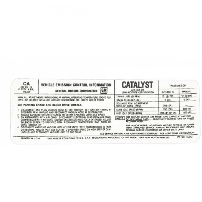 Corvette Emission Control Decal, L82, 1977