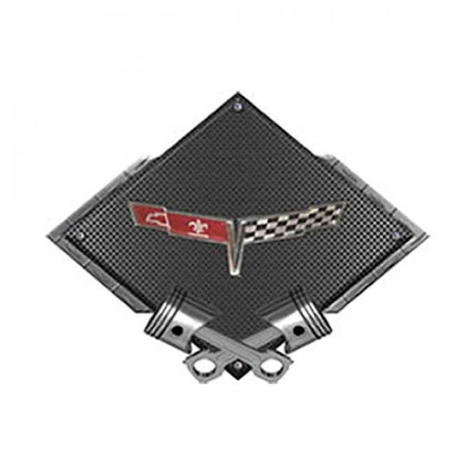 Corvette C3 1980 Emblem Metal Sign, Black Carbon Fiber, Crossed Pistons, 25" X 19"
