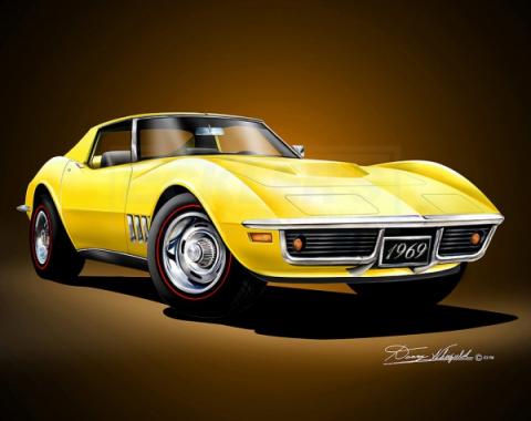 Corvette Fine Art Print By Danny Whitfield, 14x18, 427 Stingray Coupe, Daytona Yellow, 1969