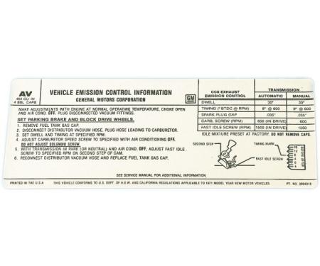 Corvette Emission Control Decal, LS5, 365hp, 1971