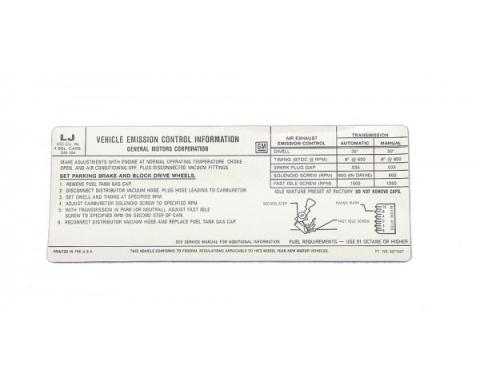 Corvette Emission Control Decal, With 200hp, 1972