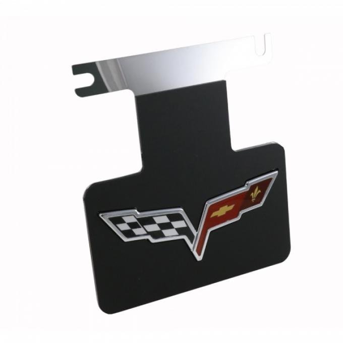 Corvette Factory Exhaust Enhancer Plate, Stainless Steel, With Black Background & Crossed-Flags Logo, 2005-2013