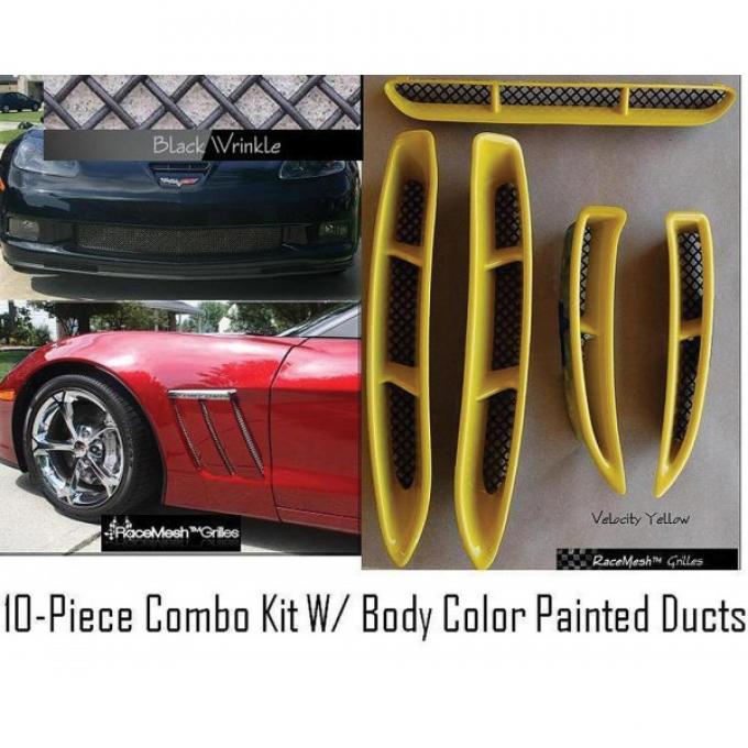 Corvette C6 Grand Sport Custom RaceMesh® 10-Piece Grille Combo Kit Black "Wrinkle" Powder Coated Mesh, W/ Body Color P