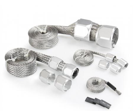 Redline Restomotive® Universal Hose Cover Kit, Stainless Steel Braided, with Silver Clamps