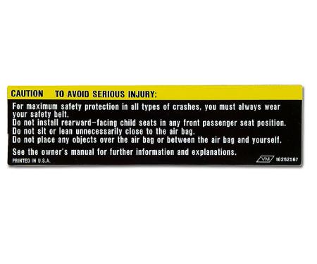 Corvette Sunvisor Air Bag Warning Label, 1990-1996