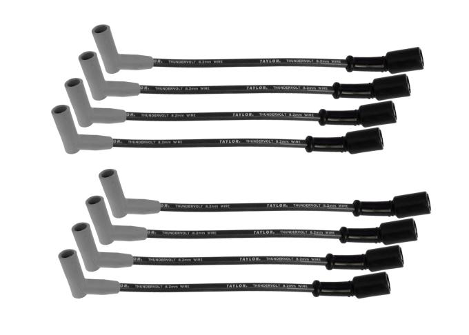Taylor Cable LS Engines Race Fit 8.2mm Thundervolt Spark Plug Wire Set 9.5" Lengths Car Header Fitment, Black, 135&deg; Spark Plug Boot Angle 86045