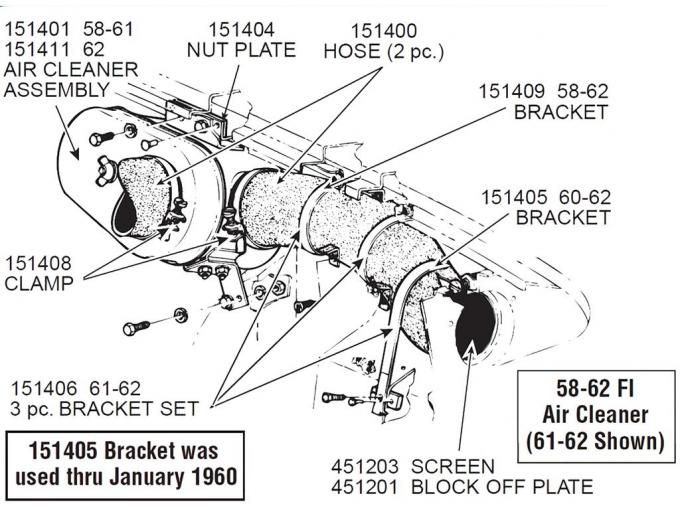 61-62 Fuel Injection Air Cleaner Hose Bracket Set ( 3 Piece Set )