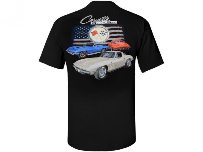 C2 Cars & American Flag Black T-Shirt