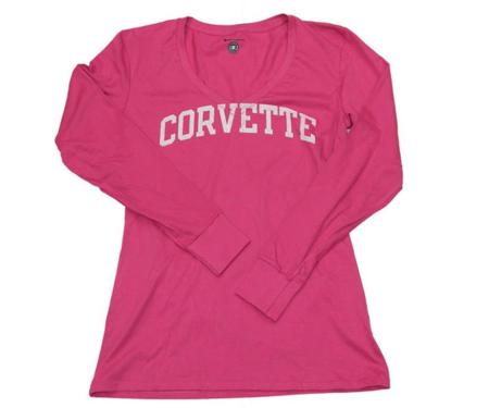 T-Shirt Womens Long Sleeve Pink With Corvette Script