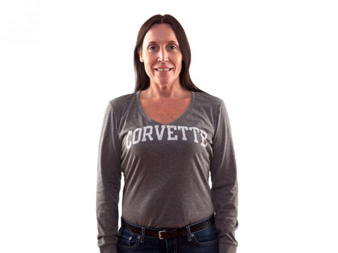 T-Shirt Womens Gray Vneck Corvette Script Long Sleeve