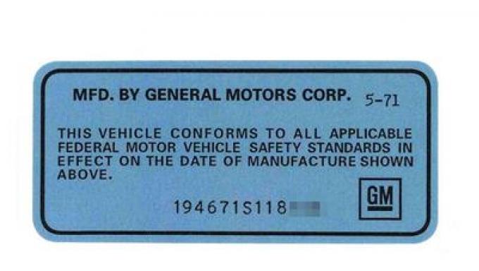 69-74 Door Jamb Blue VIN Data Decal