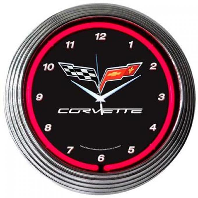 C6 Flag / Logo Chrome Ring Neon Clock