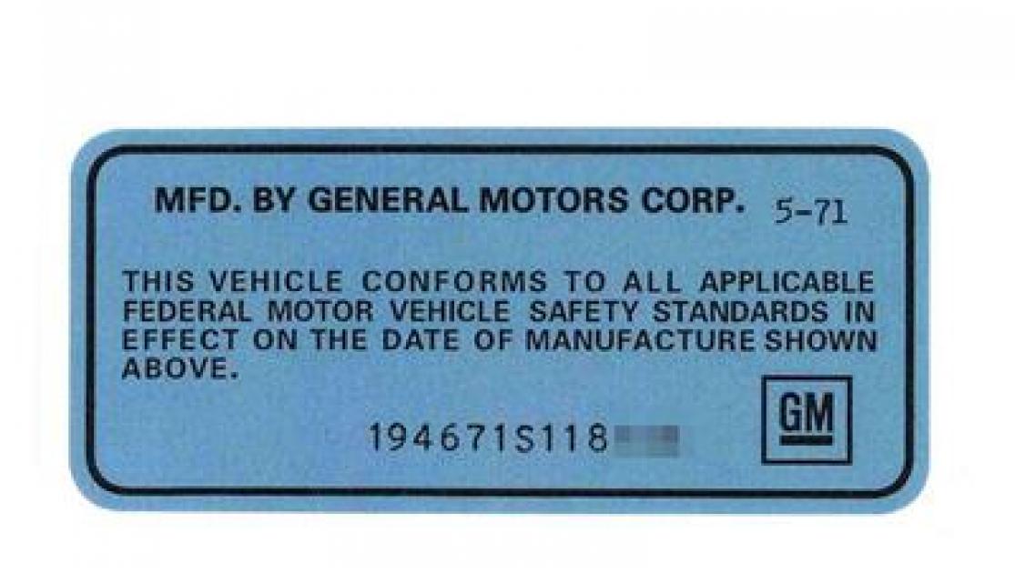 69-74 Door Jamb Blue VIN Data Decal | Corvette Depot