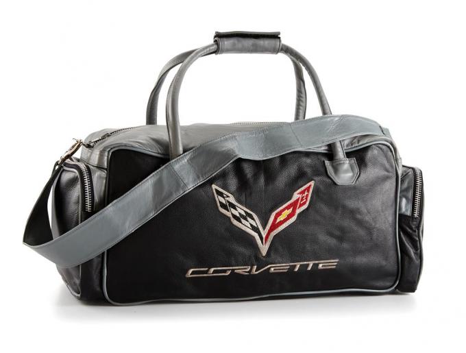 Leather C7 Embroidered Emblem Duffel / Travel Bag - Black And Gray
